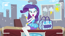 Size: 3410x1920 | Tagged: safe, screencap, rarity, best trends forever, equestria girls, g4, my little pony equestria girls: better together, bracelet, camera shot, clothes, cute, cutie mark, cutie mark on clothes, female, geode of shielding, hairpin, jewelry, lidded eyes, magical geodes, open mouth, raribetes, rarity peplum dress, smiling, solo