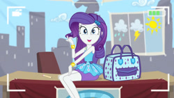 Size: 3410x1920 | Tagged: safe, screencap, rarity, best trends forever, equestria girls, g4, my little pony equestria girls: better together, bracelet, camera shot, clothes, cute, cutie mark, cutie mark on clothes, female, hairpin, jewelry, open mouth, raribetes, rarity peplum dress, smiling, solo