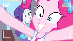 Size: 3410x1920 | Tagged: safe, screencap, pinkie pie, rarity, best trends forever, best trends forever: pinkie pie, equestria girls, g4, my little pony equestria girls: better together, armpits, bracelet, camera shot, clothes, cute, diapinkes, female, geode of shielding, geode of sugar bombs, grin, hairpin, jewelry, magical geodes, necklace, nervous, nervous smile, open mouth, rarity peplum dress, smiling, tank top