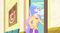 Size: 3410x1920 | Tagged: safe, screencap, princess celestia, principal celestia, best trends forever, best trends forever: pinkie pie, equestria girls, g4, my little pony equestria girls: better together, :|, blazer, bracelet, clothes, door, female, jacket, jewelry, oh crap face, oh dear, open door, pants, shirt, shrunken pupils, solo, uh oh, wide eyes