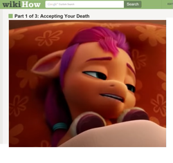 Size: 587x555 | Tagged: safe, edit, edited screencap, screencap, sunny starscout, g5, my little pony: a new generation, 3d, bed, female, filly, filly sunny starscout, implied death, wikihow, younger