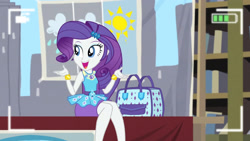 Size: 3410x1920 | Tagged: safe, screencap, rarity, best trends forever, equestria girls, equestria girls series, g4, best trends forever: rainbow dash, bracelet, camera shot, clothes, cute, cutie mark, cutie mark on clothes, female, geode of shielding, hairpin, jewelry, magical geodes, open mouth, raribetes, rarity peplum dress, smiling, solo