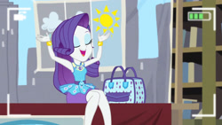 Size: 3410x1920 | Tagged: safe, screencap, rarity, best trends forever, best trends forever: rainbow dash, equestria girls, g4, my little pony equestria girls: better together, armpits, arms in the air, bracelet, camera shot, clothes, cute, cutie mark, cutie mark on clothes, eyes closed, female, geode of shielding, hairpin, hands in the air, jewelry, legs, magical geodes, open mouth, raribetes, rarity peplum dress, smiling, solo