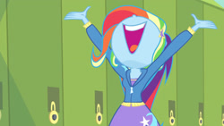 Size: 3410x1920 | Tagged: safe, screencap, trixie, best trends forever, best trends forever: rainbow dash, equestria girls, g4, my little pony equestria girls: better together, clothes, cutie mark, cutie mark on clothes, female, hoodie, lockers, nose in the air, open mouth, solo