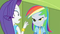 Size: 3410x1920 | Tagged: safe, screencap, derpy hooves, rarity, best trends forever, best trends forever: rainbow dash, equestria girls, g4, my little pony equestria girls: better together, bracelet, female, jewelry, lockers, open mouth, rarity peplum dress, smiling