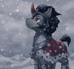 Size: 5270x4939 | Tagged: safe, artist:aquoquoo, king sombra, pony, unicorn, g4, cape, clothes, crown, jewelry, looking up, male, red eyes, regalia, snow, snowfall, solo, stallion