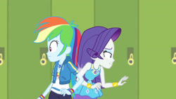 Size: 3410x1920 | Tagged: safe, screencap, rainbow dash, rarity, best trends forever, best trends forever: rainbow dash, equestria girls, g4, my little pony equestria girls: better together, back to back, bracelet, clothes, female, geode of shielding, geode of super speed, hoodie, jewelry, lockers, magical geodes, necklace, rarity peplum dress