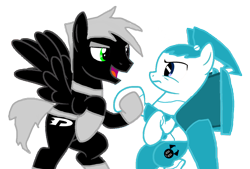 Size: 1142x770 | Tagged: safe, artist:katnekobase, artist:kayman13, pegasus, pony, robot, robot pony, base used, crossover, danny phantom, female, friendshipping, holding hooves, jenny wakeman, looking at each other, male, mare, my life as a teenage robot, ponified, simple background, stallion, transparent background
