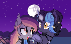 Size: 1584x989 | Tagged: safe, artist:moonbatz, oc, oc only, oc:amethyst dawn, oc:stella luna, alicorn, bat pony, pony, female, mare, mare in the moon, moon, night
