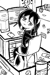 Size: 1106x1668 | Tagged: safe, artist:solid shrimp, oc, oc only, oc:anon, oc:floor bored, earth pony, pony, 4chan, anime style, clothes, computer, drawthread, female, ink, kneesocks, mare, monochrome, socks, solo, sweater