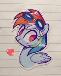 Size: 817x1024 | Tagged: safe, artist:darkynez, rainbow dash, pegasus, pony, g4, aviator goggles, eyebrows, eyebrows visible through hair, female, folded wings, goggles, heart, lined paper, mare, smiling, solo, traditional art, wings
