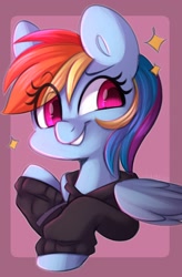 Size: 947x1440 | Tagged: safe, artist:sakukitty, rainbow dash, pegasus, pony, g4, bust, clothes, eye clipping through hair, eyebrows, eyebrows visible through hair, female, gritted teeth, hoodie, mare, smiling, solo, teeth