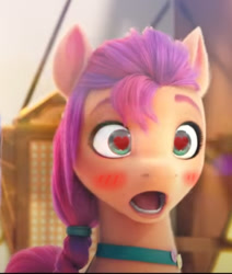 Size: 452x534 | Tagged: safe, edit, edited screencap, screencap, sunny starscout, earth pony, pony, g5, my little pony: a new generation, spoiler:my little pony: a new generation, 3d, :o, blushing, cropped, female, heart eyes, mare, open mouth, reflection, shocked, solo, wingding eyes