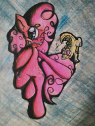Size: 1200x1600 | Tagged: safe, alternate version, artist:spirodraw, gummy, pinkie pie, alligator, earth pony, pony, g4, bipedal, biting, both cutie marks, colored, duo, female, mare, one eye closed, tail bite, traditional art, wink