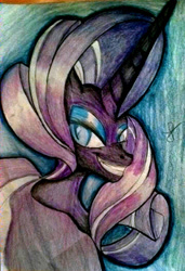 Size: 720x1052 | Tagged: safe, artist:spirodraw, nightmare rarity, pony, unicorn, g4, bust, female, grin, horn, makeup, mare, smiling, solo, traditional art