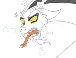 Size: 1259x965 | Tagged: safe, artist:chibi-n92, discord, draconequus, g4, angry, bust, drool, forked tongue, male, partial color, sharp teeth, signature, simple background, solo, teeth, white background