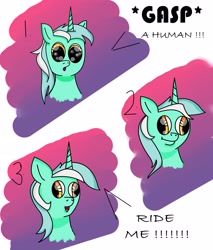 Size: 3456x4056 | Tagged: safe, artist:goldlines005, lyra heartstrings, pony, unicorn, g4, abstract background, bust, comic, derp, female, horn, humie, mare, talking, that pony sure does love humans