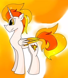 Size: 3280x3784 | Tagged: safe, artist:goldlines005, oc, oc only, oc:sunrise, alicorn, pony, abstract background, alicorn oc, high res, horn, male, parent:princess celestia, smiling, solo, stallion, two toned wings, wings