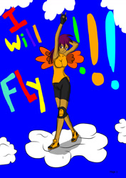 Size: 1240x1754 | Tagged: safe, artist:foxgearstudios, scootaloo, human, g4, arm behind head, clothes, cloud, dark skin, female, fingerless gloves, gloves, humanized, on a cloud, shorts, solo, winged humanization, wings