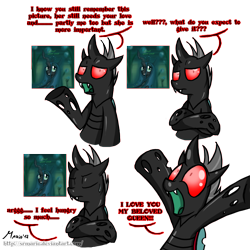 Size: 1318x1318 | Tagged: safe, artist:srmario, oc, oc:reinflak, changeling, changeling queen, bust, changeling oc, crossed arms, female, male, open mouth, red changeling, red eyes, signature, simple background, talking, transparent background