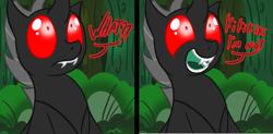 Size: 1217x600 | Tagged: safe, artist:srmario, oc, oc only, oc:reinflak, changeling, changeling oc, cute, cuteling, duo, male, outdoors, red changeling, red eyes, smiling, talking