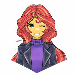 Size: 2894x2894 | Tagged: safe, artist:deeemperor, sunset shimmer, equestria girls, g4, grin, high res, looking at you, one eye closed, profile, simple background, smiling, solo, white background, wink, winking at you