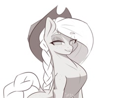 Size: 1000x798 | Tagged: safe, artist:inkypuso, applejack, earth pony, pony, g4, bedroom eyes, braid, braided tail, dock, eyebrows, eyebrows visible through hair, eyeshadow, grayscale, grin, looking at you, makeup, monochrome, simple background, smiling, solo, white background