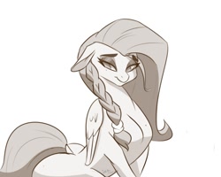 Size: 1000x798 | Tagged: safe, artist:inkypuso, fluttershy, pegasus, pony, g4, blushing, braid, cute, dock, eyebrows, eyebrows visible through hair, eyeshadow, floppy ears, grayscale, lidded eyes, makeup, monochrome, shyabetes, simple background, white background