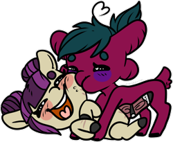 Size: 1020x838 | Tagged: safe, artist:sexygoatgod, oc, oc only, oc:banshee bye, oc:kelp butt, cusige, pony, unicorn, chibi, duo, female, oc x oc, prosthetics, raspberry, shipping, simple background, tongue out, transparent background