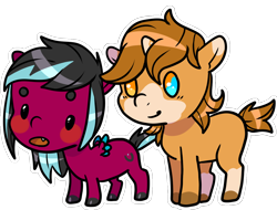 Size: 1444x1096 | Tagged: safe, artist:sexygoatgod, oc, oc only, oc:razzmatazz gleam, oc:sunny, bat pony, hybrid, pegasus, pony, unicorn, blush sticker, blushing, chibi, duo, heterochromia, open mouth, simple background, smiling, transparent background