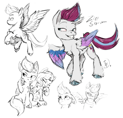 Size: 1410x1362 | Tagged: safe, artist:tharkflark1, pipp petals, zipp storm, pegasus, pony, g5, female, mare, monochrome, royal sisters (g5), siblings, sisters, sketch, smiling, unshorn fetlocks, wings