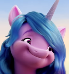 Size: 352x378 | Tagged: safe, edit, edited screencap, screencap, izzy moonbow, pony, unicorn, g5, my little pony: a new generation, 3d, bust, faic, funny, portrait, smiling, solo
