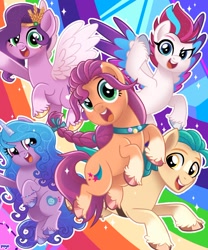 Size: 1242x1491 | Tagged: safe, artist:puyohh, hitch trailblazer, izzy moonbow, pipp petals, sunny starscout, zipp storm, earth pony, pegasus, pony, unicorn, g5, abstract background, adorapipp, adorazipp, blaze (coat marking), braid, coat markings, cute, facial markings, female, hitchbetes, hoof fluff, izzybetes, looking at you, male, mane five (g5), mare, open mouth, pale belly, rainbow, socks (coat markings), sparkles, stallion, sunnybetes, unshorn fetlocks, wings