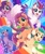 Size: 1242x1491 | Tagged: safe, artist:puyohh, hitch trailblazer, izzy moonbow, pipp petals, sunny starscout, zipp storm, earth pony, pegasus, pony, unicorn, g5, abstract background, adorapipp, adorazipp, blaze (coat marking), braid, coat markings, colored wings, colored wingtips, cute, facial markings, female, group, hitchbetes, hoof fluff, horn, izzybetes, looking at you, male, mane five, mare, multicolored wings, open mouth, open smile, pale belly, quintet, rainbow, royal sisters (g5), siblings, sisters, smiling, smiling at you, socks (coat markings), sparkles, spread wings, stallion, sunnybetes, unshorn fetlocks, wings