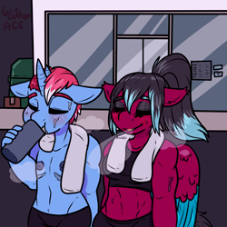 Size: 2000x2000 | Tagged: safe, artist:sexygoatgod, oc, oc only, oc:razzmatazz gleam, bat pony, hybrid, pegasus, unicorn, anthro, blushing, breath, duo, eyes closed, female, high res, smiling, sweat, towel, transgender, workout