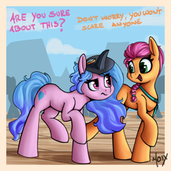 Size: 3000x3000 | Tagged: safe, artist:supermoix, izzy moonbow, sunny starscout, earth pony, pony, unicorn, g5, my little pony: a new generation, braid, cloud, cute, dialogue, female, high res, izzybetes, looking at each other, mare, mountain, open mouth, plague doctor mask, signature, sky, sunnybetes, tempting fate, text, this will not end well