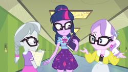 Size: 3410x1920 | Tagged: safe, screencap, diamond tiara, sci-twi, silver spoon, twilight sparkle, best trends forever, best trends forever: twilight sparkle, equestria girls, g4, my little pony equestria girls: better together, book, bowtie, clothes, cutie mark, cutie mark on clothes, female, geode of telekinesis, glasses, grin, jewelry, lockers, magical geodes, necklace, ponytail, sci-twi skirt, skirt, smiling