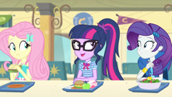 Size: 3410x1920 | Tagged: safe, screencap, fluttershy, rarity, sci-twi, twilight sparkle, best trends forever, equestria girls, equestria girls series, g4, apple, best trends forever: twilight sparkle, bowtie, burger, cafeteria, canterlot high, clothes, cutie mark, cutie mark on clothes, female, food, geode of fauna, geode of telekinesis, glasses, hairpin, hay burger, jewelry, magical geodes, necklace, open mouth, ponytail, salad, sandwich, that human sure does love burgers, trio, trio female, twilight burgkle
