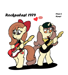 Size: 2344x2596 | Tagged: safe, artist:sparkfler85, derpibooru exclusive, oc, oc only, oc:flani bainilye, oc:hymyt, earth pony, pony, unicorn, bow, bracelet, clothes, electric guitar, female, fender stratocaster, freckles, guitar, hat, high res, jewelry, mare, musical instrument, shirt, standing
