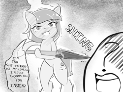 Size: 1769x1316 | Tagged: safe, artist:solid shrimp, limestone pie, oc, oc:anon, semi-anthro, g4, arm hooves, drawthread, duo, female, flustered, grayscale, mare, monochrome, spear, speech bubble, weapon, yandere