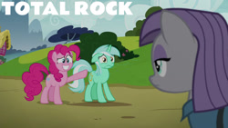 Size: 1280x720 | Tagged: safe, edit, edited screencap, editor:quoterific, screencap, lyra heartstrings, maud pie, pinkie pie, earth pony, pony, unicorn, g4, my little pony: friendship is magic, rock solid friendship, season 7, female, grin, mare, pie sisters, siblings, sisters, smiling