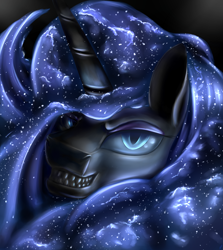Size: 1516x1700 | Tagged: safe, artist:com3tfire, nightmare moon, alicorn, pony, g4, bust, digital art, looking at you, portrait, smiling