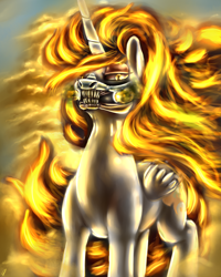 Size: 1600x2000 | Tagged: safe, artist:com3tfire, daybreaker, alicorn, pony, g4, crossover, evil, fire, immortan joe, looking at you, mad max, mad max fury road, mask, solo