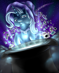 Size: 1600x2000 | Tagged: safe, artist:com3tfire, trixie, pony, unicorn, g4, card, hat, light, looking at you, magic, smiling, smiling at you