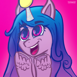 Size: 1000x1000 | Tagged: safe, artist:tierwidy, izzy moonbow, pony, unicorn, g5, ball, bust, excited, female, gradient mane, izzy's tennis ball, mare, needs more saturation, portrait, solo, tennis ball