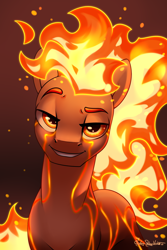 Size: 2000x3000 | Tagged: oc name needed, safe, artist:jedayskayvoker, oc, oc only, pony, bust, eyebrows, fire, high res, icon, looking at you, male, mane on fire, patreon, patreon reward, portrait, solo, stallion