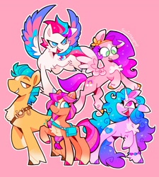 Size: 1846x2048 | Tagged: safe, artist:swirlseypop, hitch trailblazer, izzy moonbow, pipp petals, sunny starscout, zipp storm, earth pony, pegasus, pony, unicorn, g5, adorapipp, adorazipp, bag, blaze (coat marking), bracelet, chest fluff, coat markings, colored hooves, colored wings, cute, facial markings, female, floating, flying, hitchbetes, izzybetes, jewelry, lidded eyes, male, mane five, mare, one eye closed, open mouth, pale belly, pin, pink background, pins, raised hoof, sash, simple background, smiling, socks (coat markings), spread wings, stallion, sunnybetes, unshorn fetlocks, wings