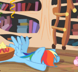 Size: 531x495 | Tagged: safe, screencap, pinkie pie, rainbow dash, earth pony, pegasus, pony, daring don't, animated, book, bookshelf, cake, cropped, cup, cute, dashabetes, duo, female, fez, food, gif, golden oaks library, hat, hoof hold, ladder, magnetic hooves, mare, party, party hat, sad, smiling, spilled drink, spread wings, teacup, unamused, wings