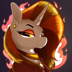 Size: 3200x3200 | Tagged: safe, artist:aquaticvibes, oc, oc only, oc:aurora shinespark, pony, unicorn, bust, clasp, cloak, clothes, ear piercing, earring, eyeshadow, female, fire, high res, jewelry, looking at you, makeup, mare, piercing, solar empire, solo, unimpressed