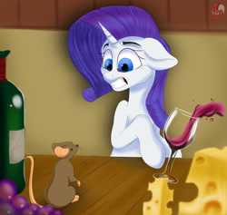 Size: 1280x1213 | Tagged: safe, artist:joaothejohn, rarity, mouse, pony, unicorn, g4, bushy brows, cheese, floppy ears, food, grape, solo, thick eyebrows